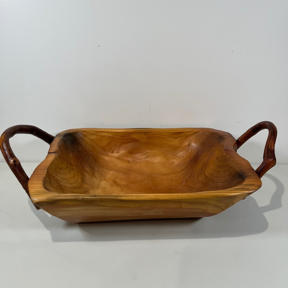 Handcrafted Wood Serving Bowl Large Twig Handles Rustic Cabin Farmhouse Vtg